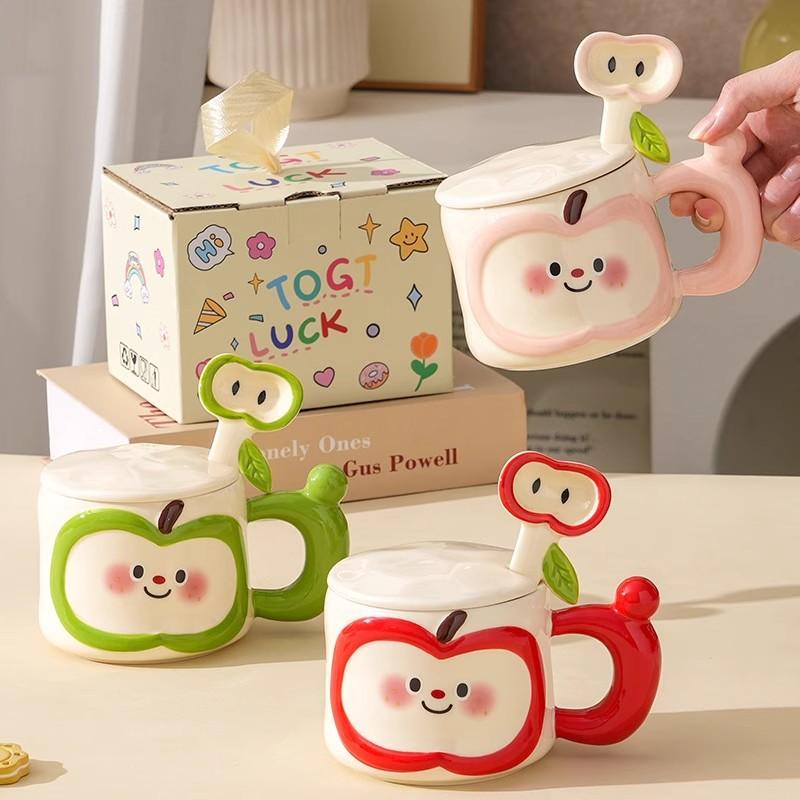 Creative Cute Apple Water Cup High Value Ceramic Mug with Lid Spoon Practical Souvenir Gift Box