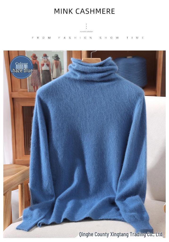 Mink Velvet Women's High Neck Rabbit Fur Knit Sweater, Slim Fit Cashmere Base Layer