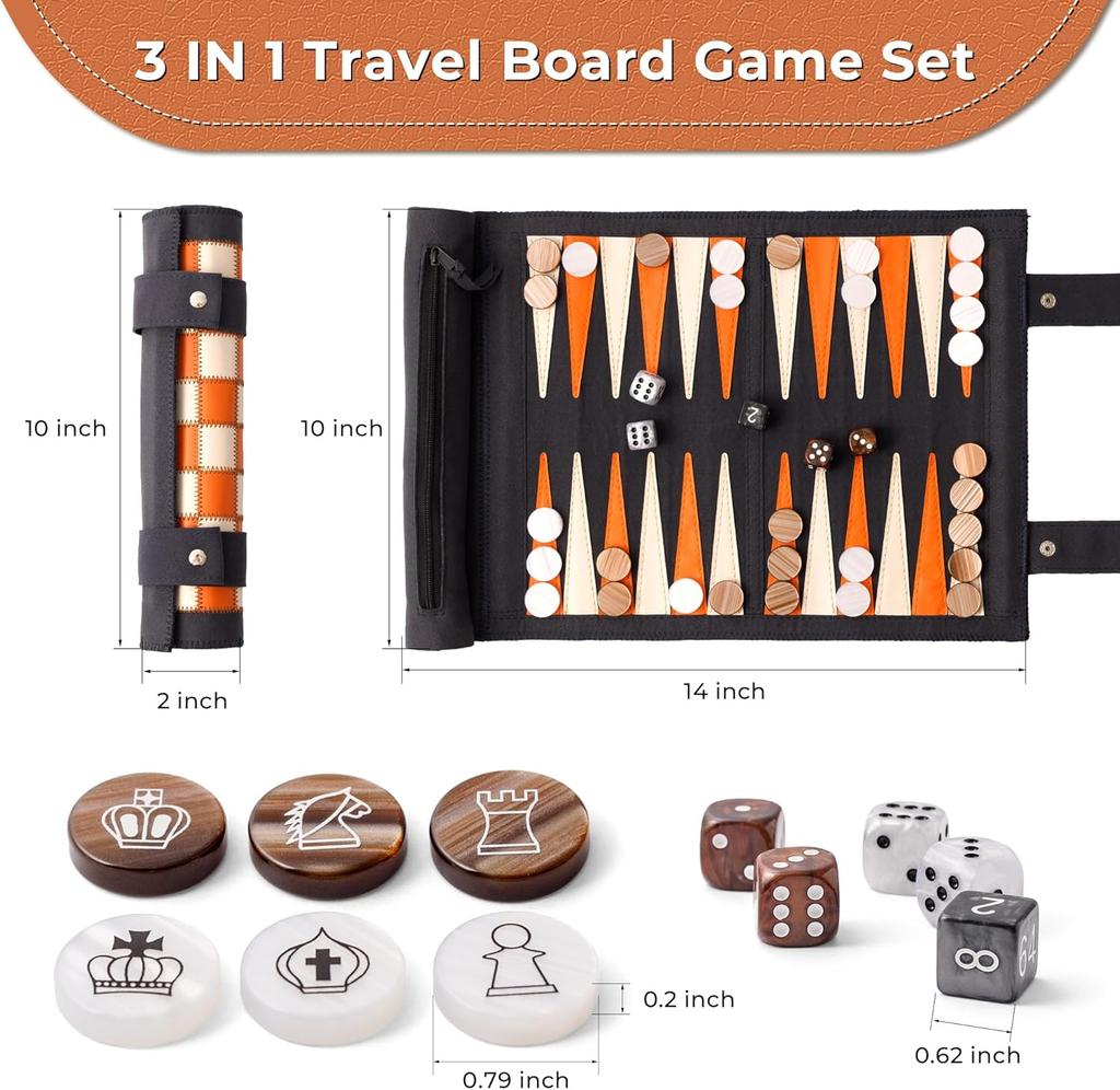 3-in-1 Travel Chess Checkers Backgammon Set, Roll-up Leather Game with 32 Pearl Pieces & 5 Dice, Portable Strategy Board Game fo