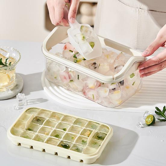 Double-Layer Ice Cube Tray with Lid One-Touch Release Silicone Ice Mold for Cocktails BPA-Free Plastic Freezer Box with Scoop