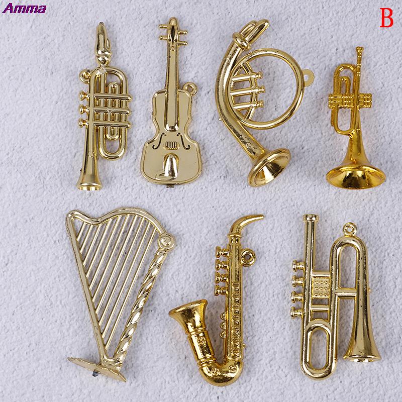 7/14pcs Mini Plastic Musical Instrument Gold Christmas Tree Hanging Xmas Decor For Friends Collecting Musical