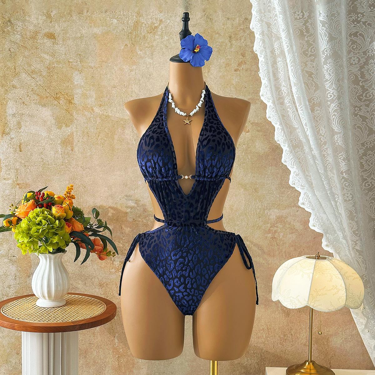 2026 European and American New Sexy Leopard Print Lace-up Hollow One-piece Swimsuit Bikini XS