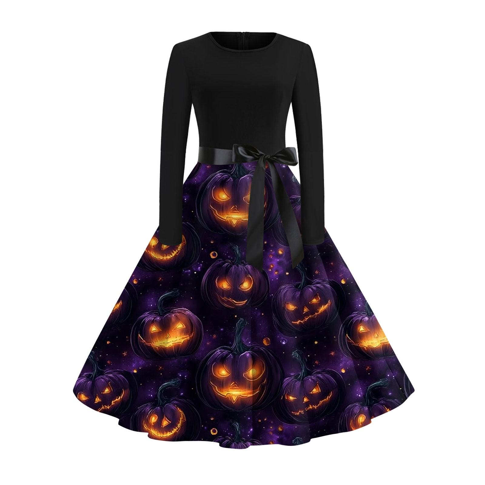 

Women s Fashion Casual Round Neck Halloween Print Long Sleeve Dress XL