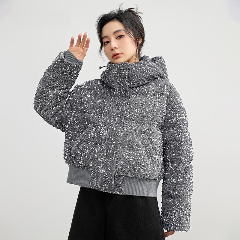Down Jacket for Women Autumn and Winter New Arrival Short Style Fashionable Sequined Hooded All-match Warm Coat
