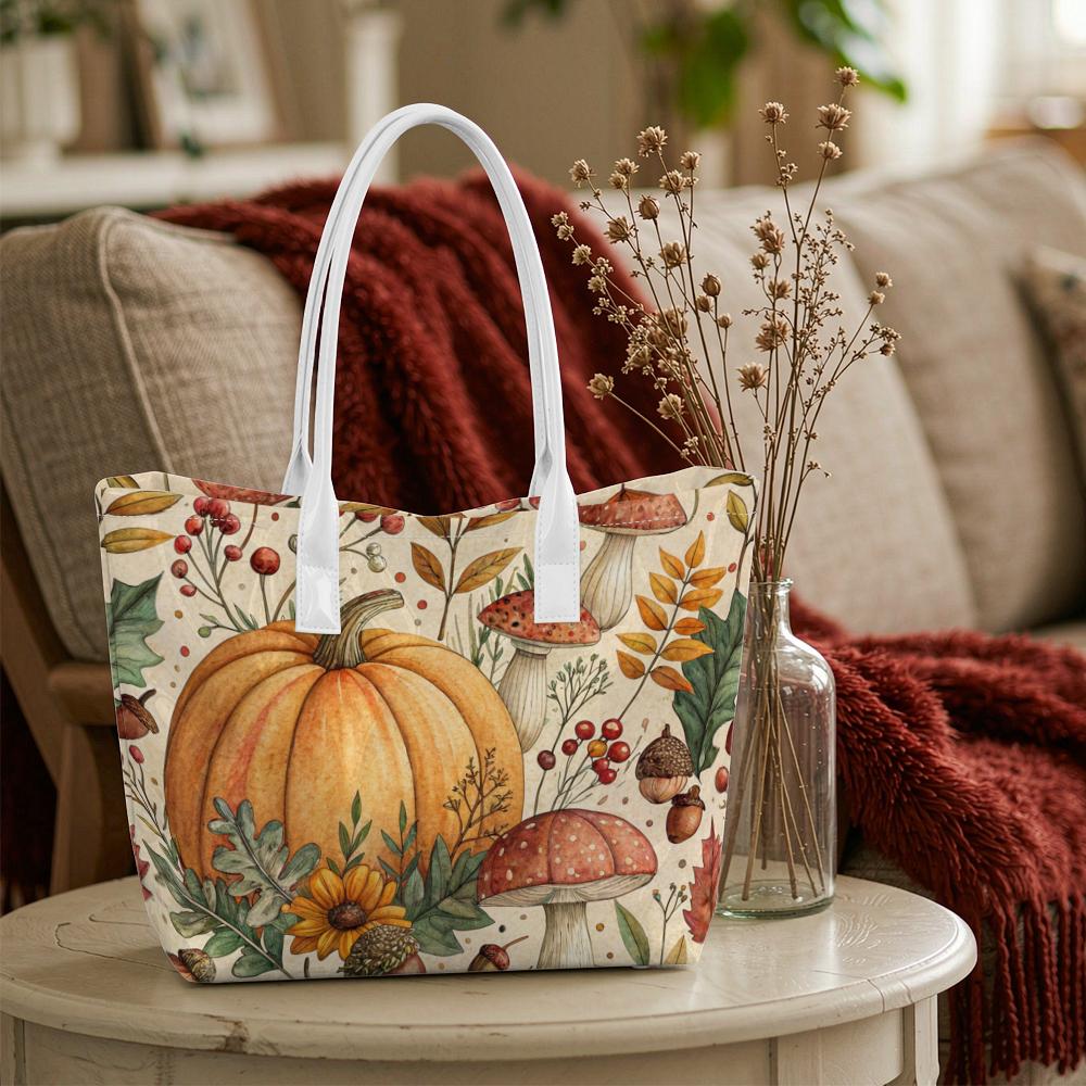Autumn Pumpkin Mushroom Pattern Casual Tote Bag for Daily Shopping