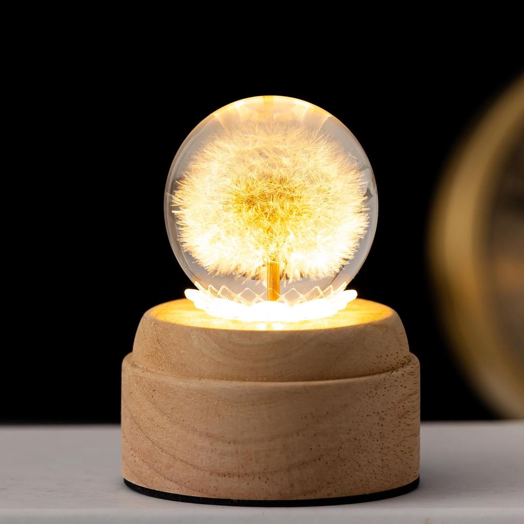 Dandelion Crystal Ball Night Light with 3D Carving and Solid Wood Base