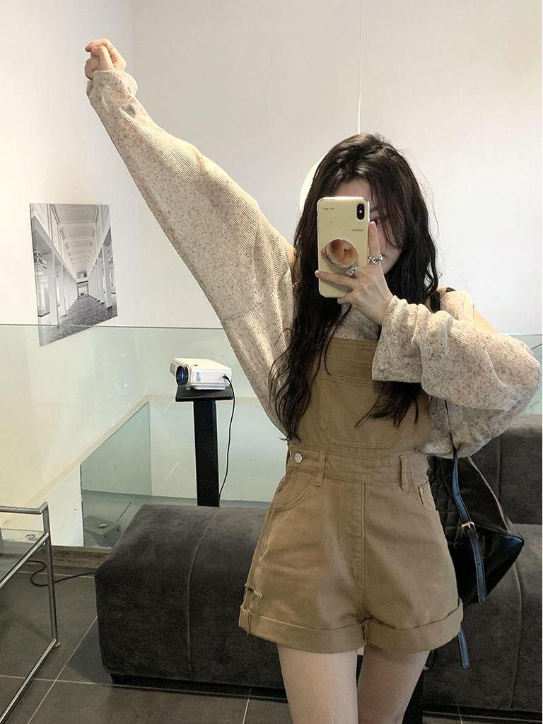 Off-Shoulder Sun Protection Shirt & Versatile Denim Overall Shorts for Women