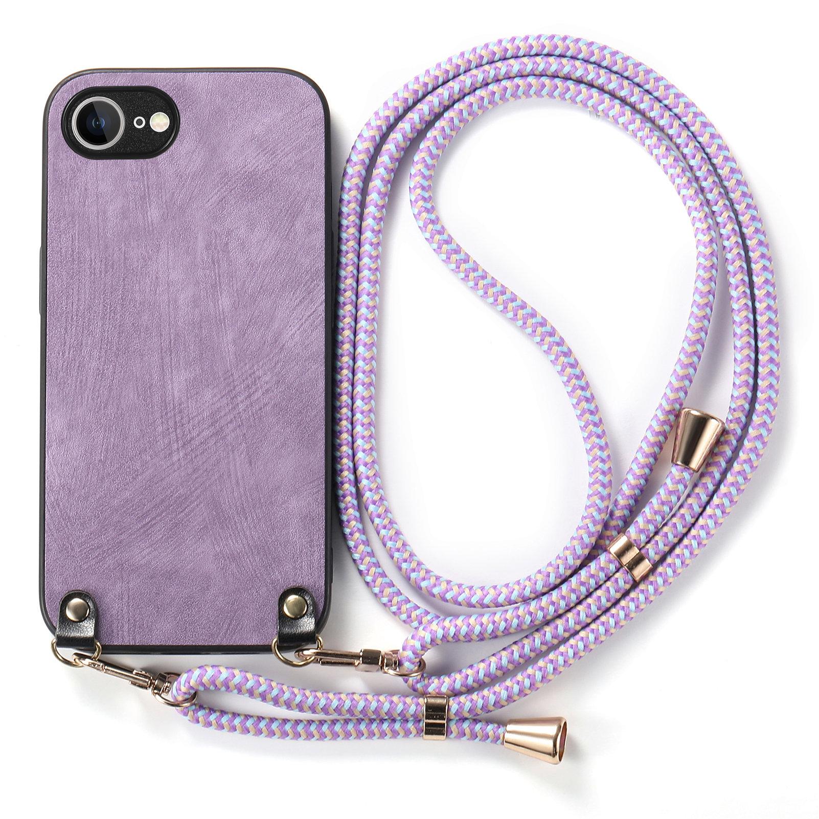 

For iPhone 16e Retro Leather Phone Back Cover with Adjustable Strap Purple
