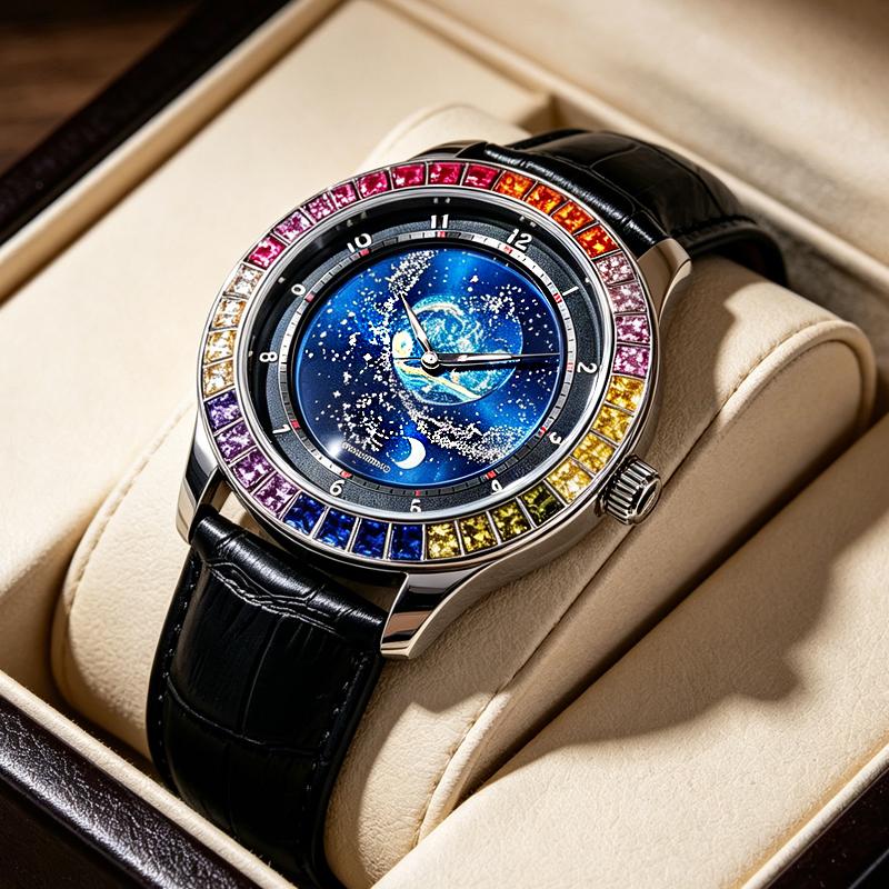 Rainbow Gemstone Bezel Automatic Mechanical Watch for Men Luxury Star Rotation Dial Watch Moon Men‘s Wristwatch