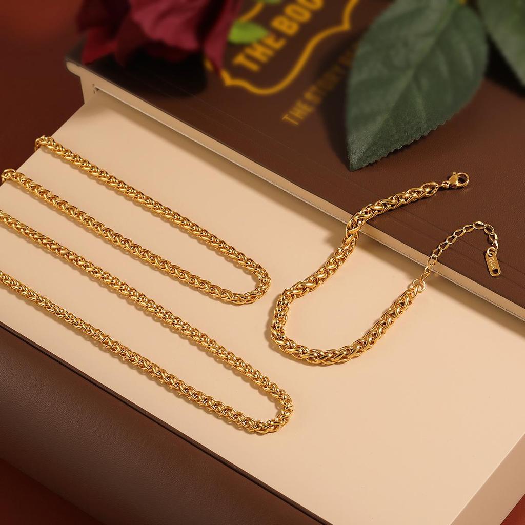 Women's Gold-Plated Titanium Steel Dragon Bone Basket Chain Bracelet & Necklace Set