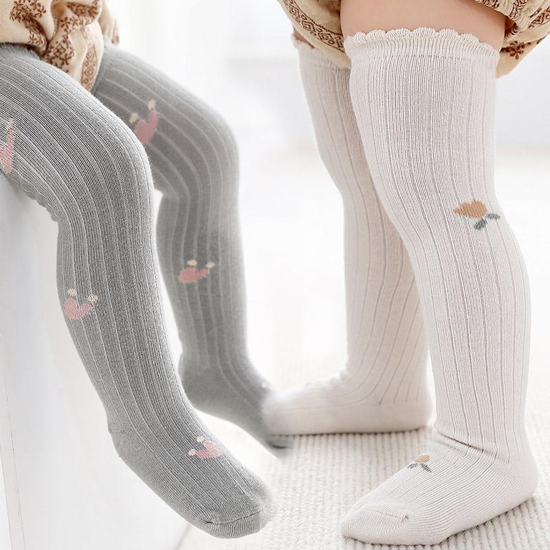 Spring Summer Thin Baby Girl Long Socks Soft Cotton Breathable Stockings Flower Print Anti Slip Floor Sox Knee Protection Sokken