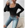 Autumn T-Shirts Women's Casual Plain Screw Thread Long Flare Sleeve Square Neck Skinny Fit Basics T-Shirts