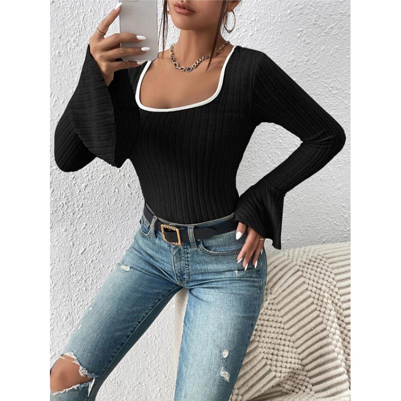 Autumn T-Shirts Women's Casual Plain Screw Thread Long Flare Sleeve Square Neck Skinny Fit Basics T-Shirts