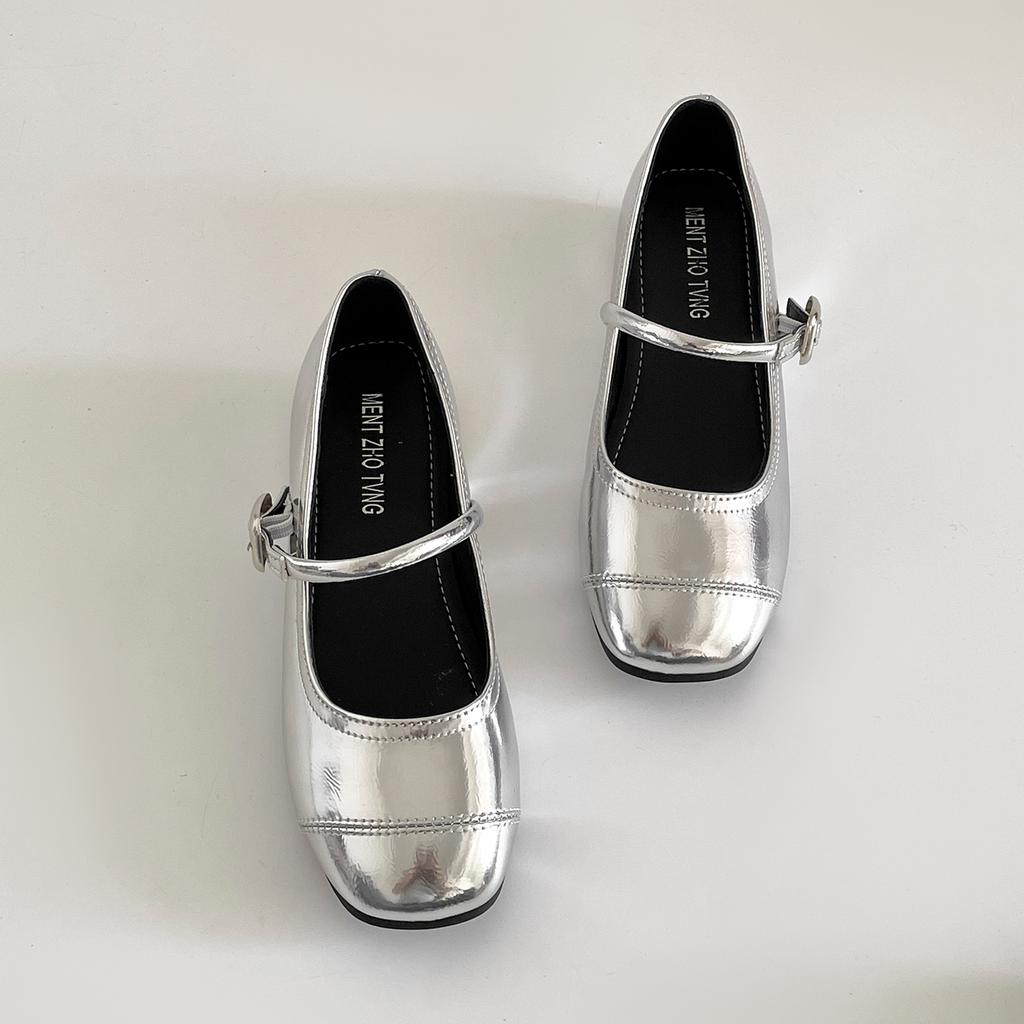 Silver retro square head inner height increase light mouth flat sole single shoes women's summer 2025 new versatile French Mary Jane shoes