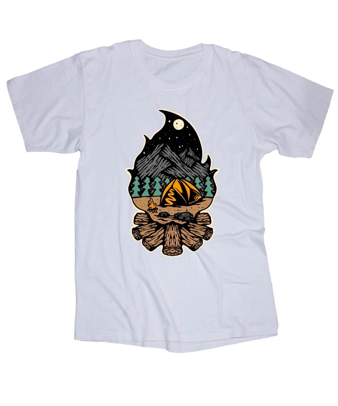 Camping Campfire Woods Hiking Fishing Lake River Outdoors Sky white T-shirt 4XL