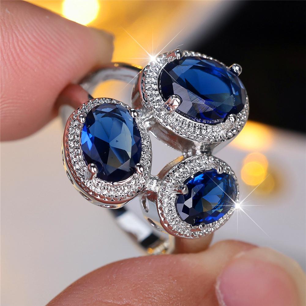 Luxury Female Blue Oval Finger Ring Vintage Silver Color Wedding Band Bridal  For Women