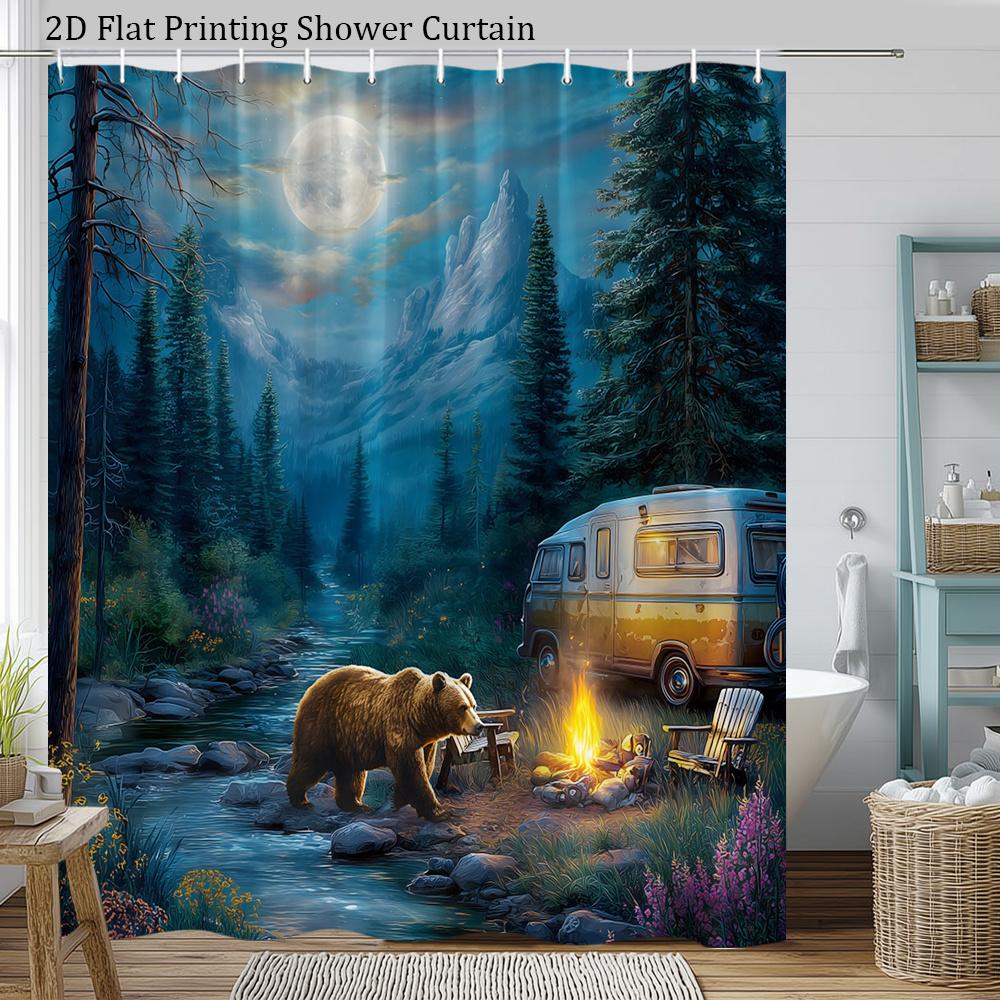Camping Bear Shower Curtain  Moonlit Forest, Bear at Campfire & Retro Van, Outdoor Nature Bath Curtain for Men and Home Decor