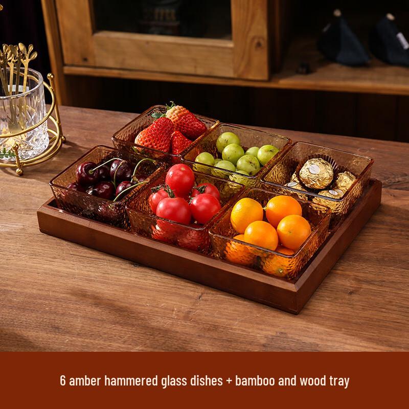 Amber Hammered Glass Fruit & Snack Dish Set with Bamboo Tray 1 Set