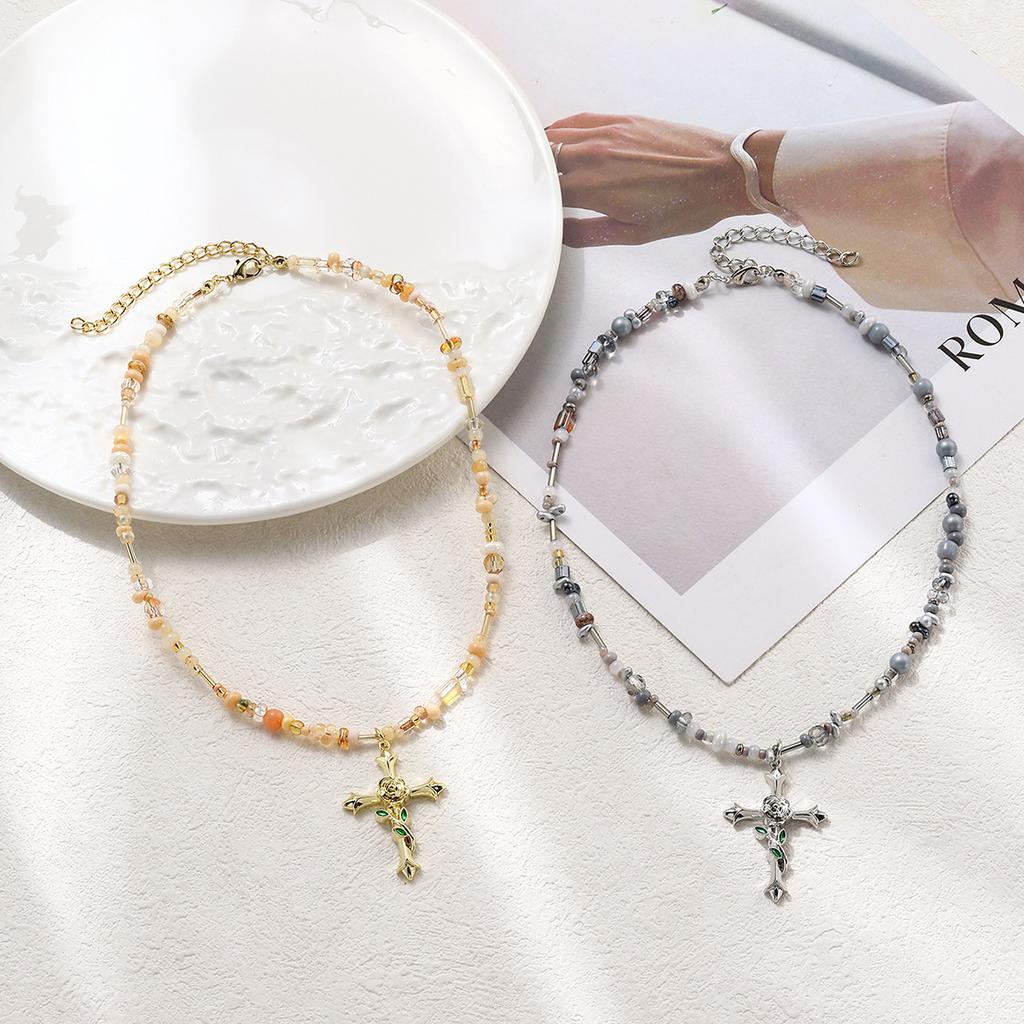 Necklace for Women Patchwork Rose Cross Pendant Necklace Personalized Irregular Crystal Beaded Collarbone Chain Beautiful Elegant Necklace for Her