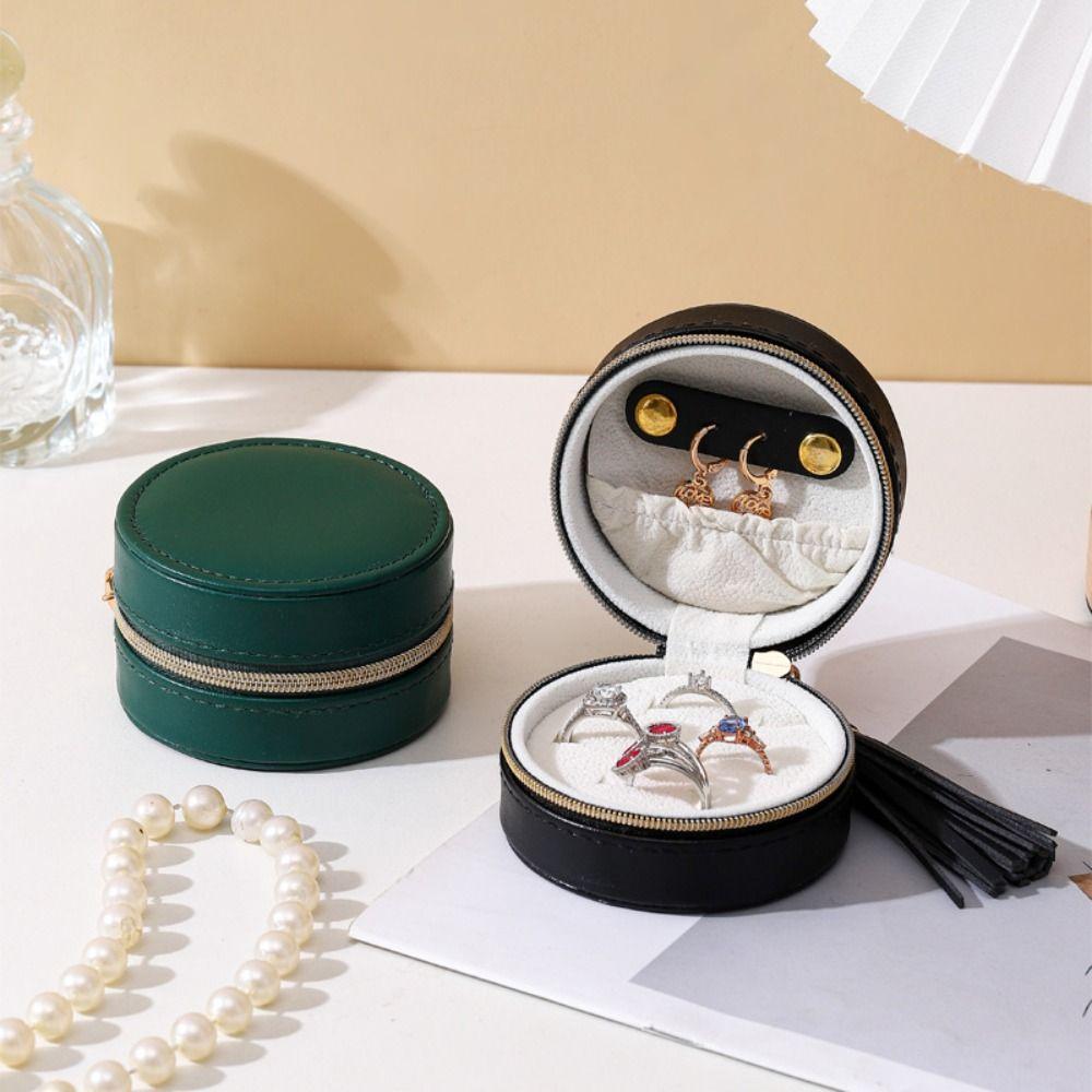 Solid Colored Jewelry Storage Box Round Necklace Ring Case Simple Earring Organizer  Girls