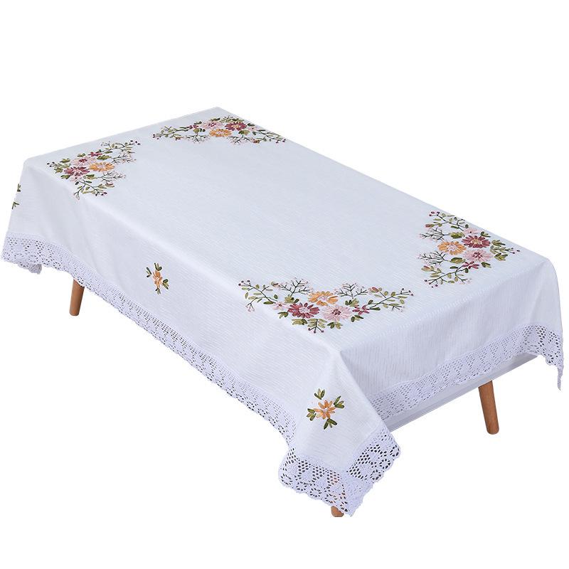 Handgestickte moderne rechteckige Tischdecke aus Baumwollleinen in frischem Weiß