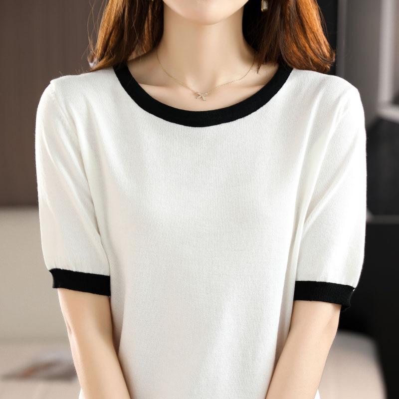 

Летняя новая трикотажная футболка с коротким рукавом, с круглым вырезом, в цветовой блок, свободного кроя, универсальная, в зарубежном стиле, тонкая, для ношения под низ S белый