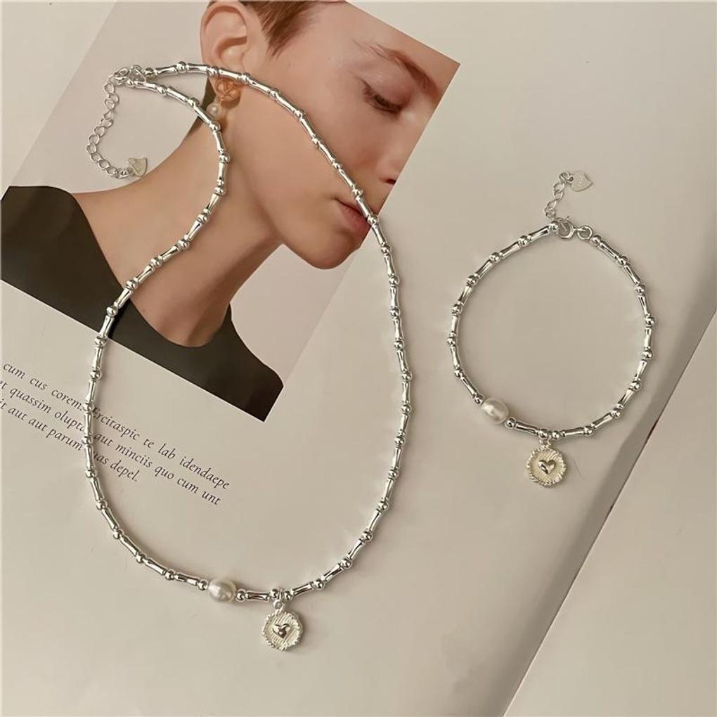 Women's 925 Silver Slavic Heart Pearl Necklace Bracelet