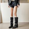 Pointed boots women's versatile black rivets pleated pile belt buckle large tube circumference trouser tube niche high tube knight boots