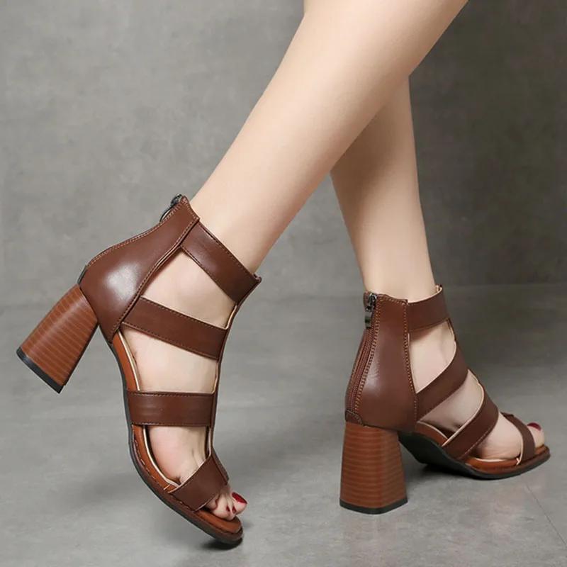 Sandale damă la modă, vara 2024, cizme noi cu toc înalt, retro, 7 cm, sandale romane cu toc gros, sandale casual