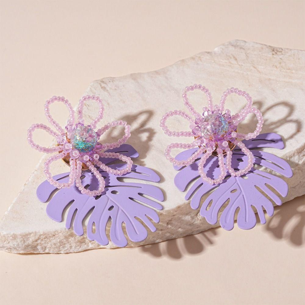 Exaggerated Beaded Flower Earrings Hollow Out Purple Flower Earrings Leaf Drop Earrings  Women