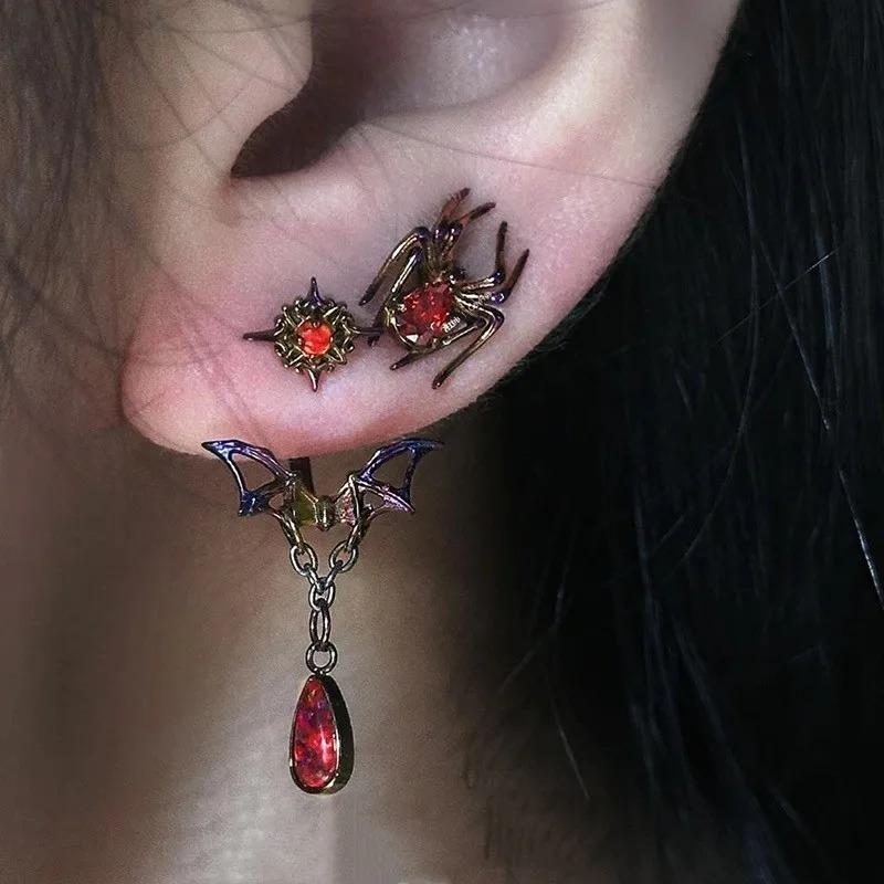 Stainless Steel Wing Chain Red Zircon Piercing Earring for Women Men Gothic Silver Color Rivet Ear Bone Nail Earring Y2K Jewelry