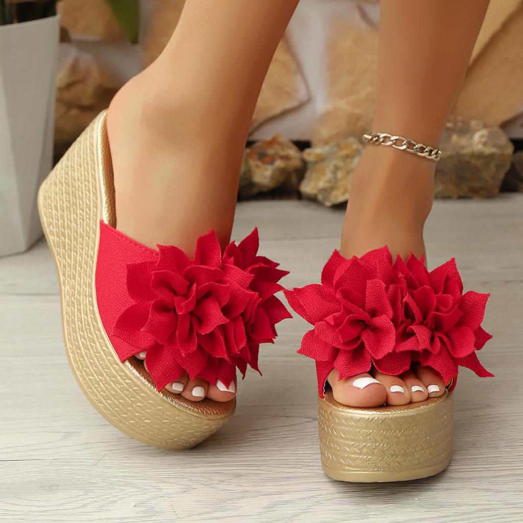Fashion 2025 New Wedges Sandals Women Slippers Summer Beach Platform Shoes Flower Round Solid Color Women High Heel Slippers Women