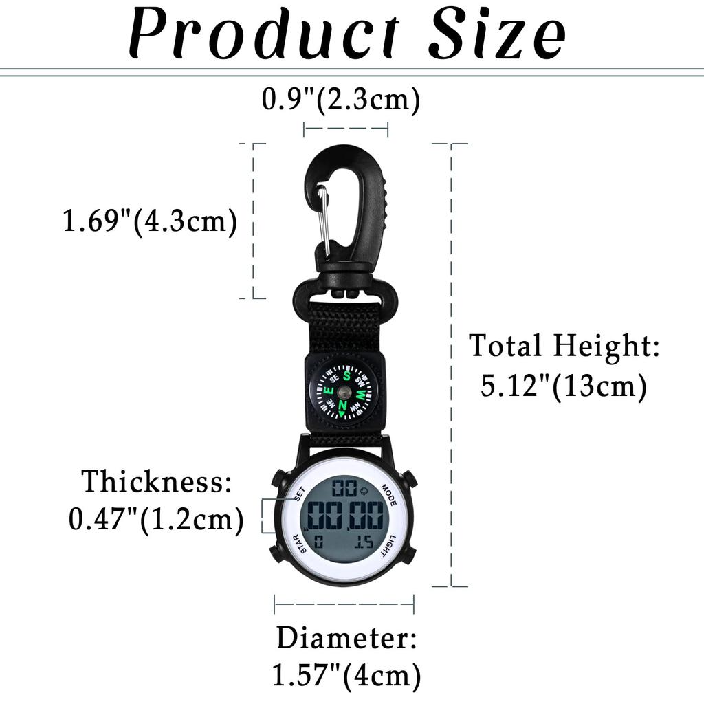 Clip Watch Digital Keychain Carabiner Watch Day Calendar Alarm Clock Compass LED Pocket Watch Nurse Watch 3ATM Waterproof Outdoor Fashion Accessory