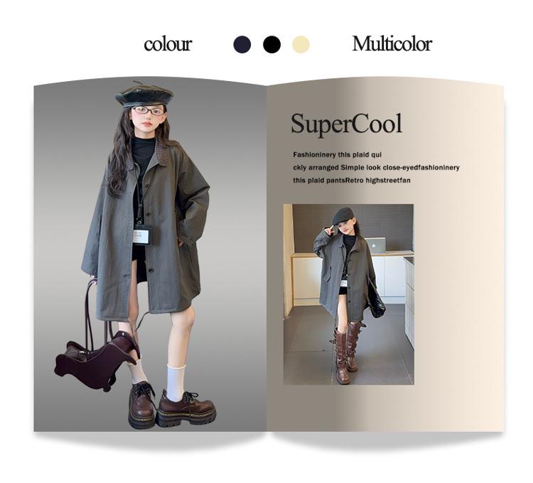 Mädchen Midilanger Trenchcoat: 2025 Frühling/Herbst Koreanischer Stil für Kinder - Lockerer, lässiger Schnitt