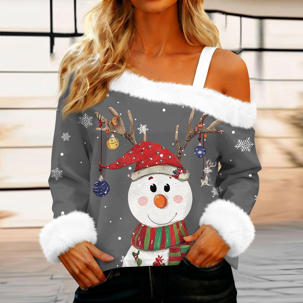 Dámská ležérní móda Sexy top s odhalenými rameny a vánočním vzorem, s dlouhým rukávem a kulatým výstřihem