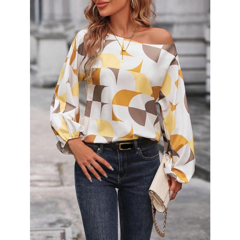 

Модная женская блузка с длинным рукавом и открытыми плечами с принтом фонарика, свободная рубашка с воротником-стойкой в стиле ретро, повседневная простая верхняя одежда 3301 XL жёлтый