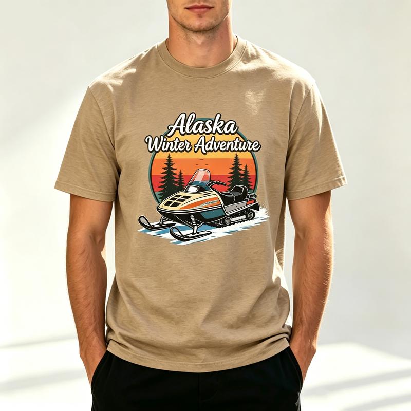 Alaska Winter Adventure T Shirt Snowmobile Graphic Tee Retro Sunset Mountain Pine Tree Print Cotton Short Sleeve for Unisex