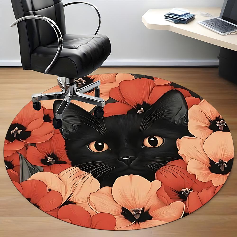 1pc Black Cat Floral Pattern Chair Carpet for Office, Round Non Slip Durable Large Size Office Carpet, Suitable for Office