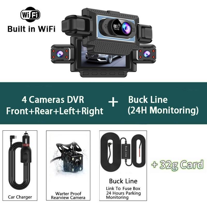 4-Channel 360° Dash Cam for Cars – WiFi APP, 1080P, 4 Camera Lenses, Rear View, Video DVR