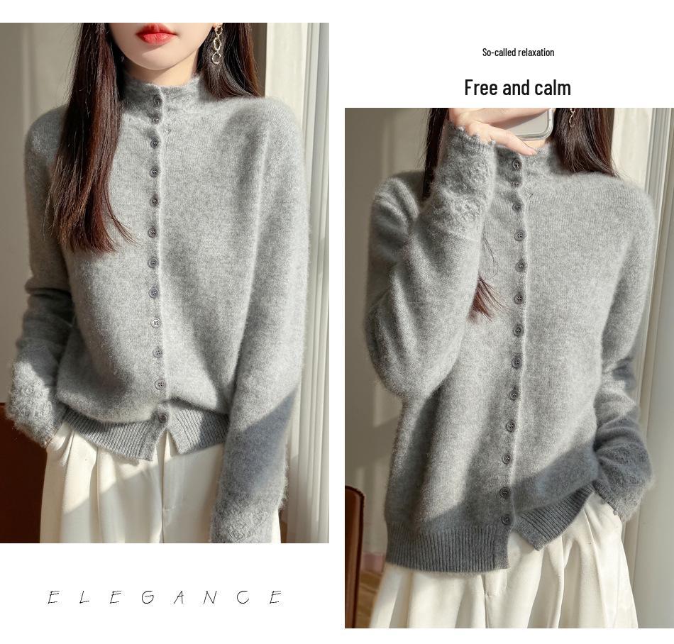 Women's Velvet Cardigan: Cozy Half-High Collar, Loose Fit, Versatile Winter Sweater.