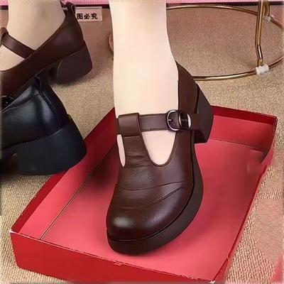 Herbst britischer Stil dicke Sohle kleine Lederschuhe, neue flache einzelne Schuhe, dicker Absatz, bequeme runde Spitze weiche Sohle Schuhe