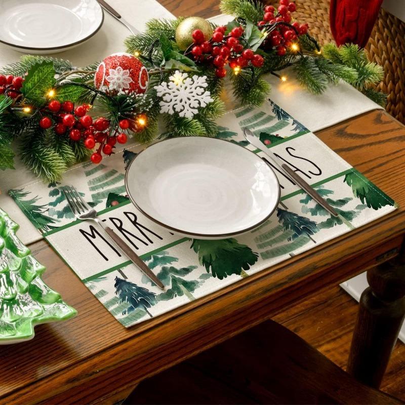 4Pcs Placemats & Coasters Set Christmas Santa Robin Snowman Reindeer Dinner Mats