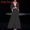 Elegant V Neck Print Pleated Long Dress For Women With Polyester Fabric And Office Style
