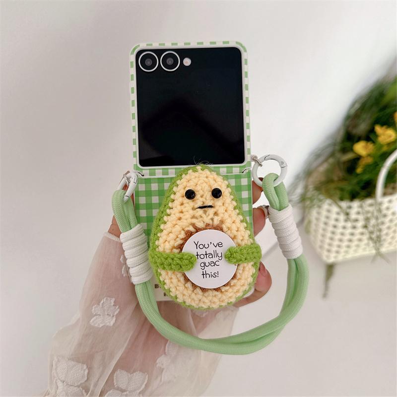 Fashion Green Plaid Pattern Magnetic Phone Case For Samsung Galaxy Z Flip 7 6 5 ZFlip7 Cover with Knitted Avocado Holder For Mag ABSaFor Z Flip 6 7FE