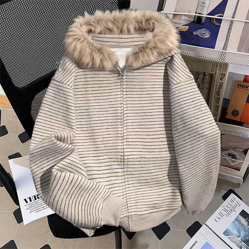 Retro American Women s Zipper Hooded Sweatshirt - Autumn/Winter Striped Loose Cardigan, Slimming Casual Outerwear 2XL [68-75 kg]