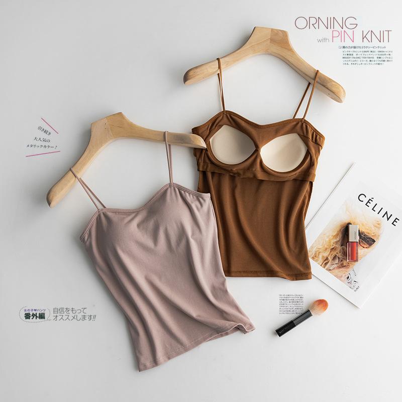 Women Cotton Camisole Tank Top Built-in Padded Bra Spaghetti Strap Basic Undergarment S-XL