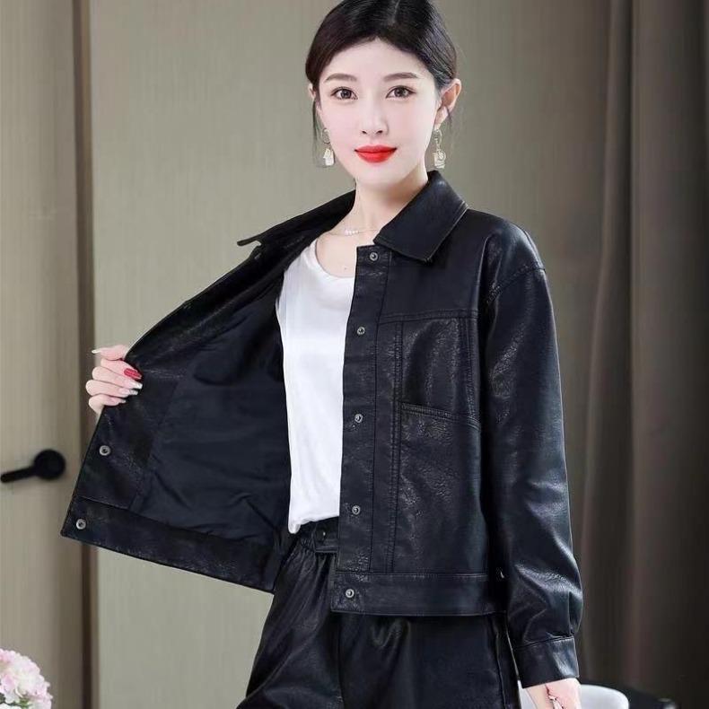 Women Fashion Leather Jacket Autumn Winter Turn Down Collar Casual Stylish Coat High Quality