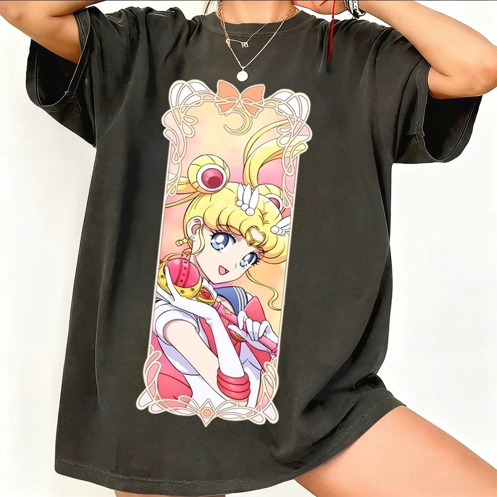 Sailor Moon Retro 90er Anime Grafik T-Shirt Sommer Baumwolle Unisex Damen Tee Streetwear Lässig Trend Kurzarm Paar Hip Hop Oberteil
