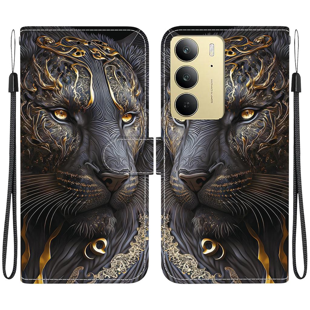 Ručně vyráběné PU kožené flipové pouzdro pro Realme C75 / Realme C75 4G Protiskluzový nárazuvzdorný kryt s poutkem na zápěstí a designy srdce/růže/kočka