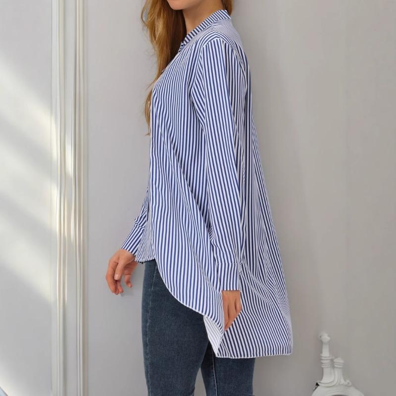 Women's Striped Fake Two-piece Round Neck Long Sleeved Shirt Suitable for All Seasons Casual Shirt